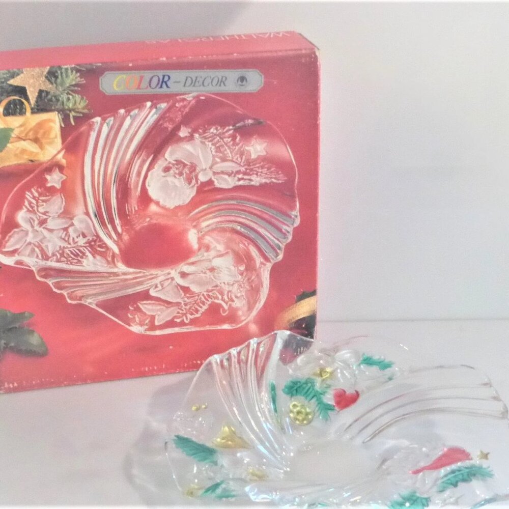 Expired Walther ETCHED GLASS SERVER Vintage Candy Dish Silver Bells Christmas